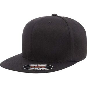 Mens Fitted Baseball Cap Flexfit High Profile Structured Hat Flat Brim Black